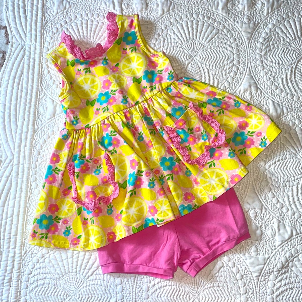 Smocked Sweets toddler girls lemon and floral dress with pink bloomers